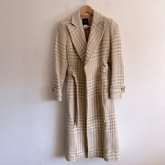 Vintage J. Crew Houndstooth long Wool Coat Tan Cream Size 4 P Checkered belted - Picture 8 of 16
